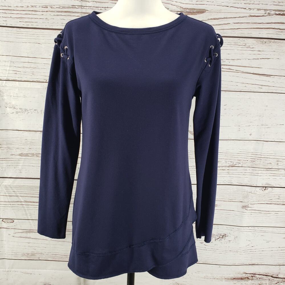 Chico's Zenergy Navy Blue Criss Cross Shoulder Detail Long Sleeve Top Size 0